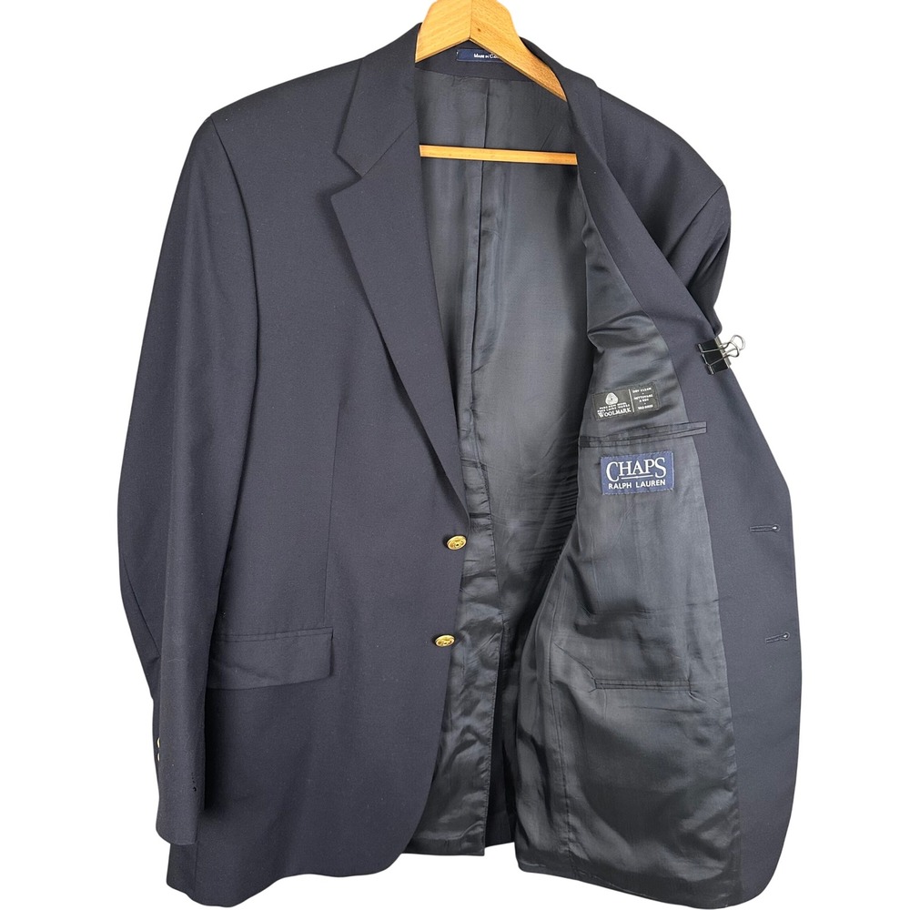 Chaps Ralph Lauren Mens Navy Blue 100% Wool 2 Button Blazer Gold Crest Buttons